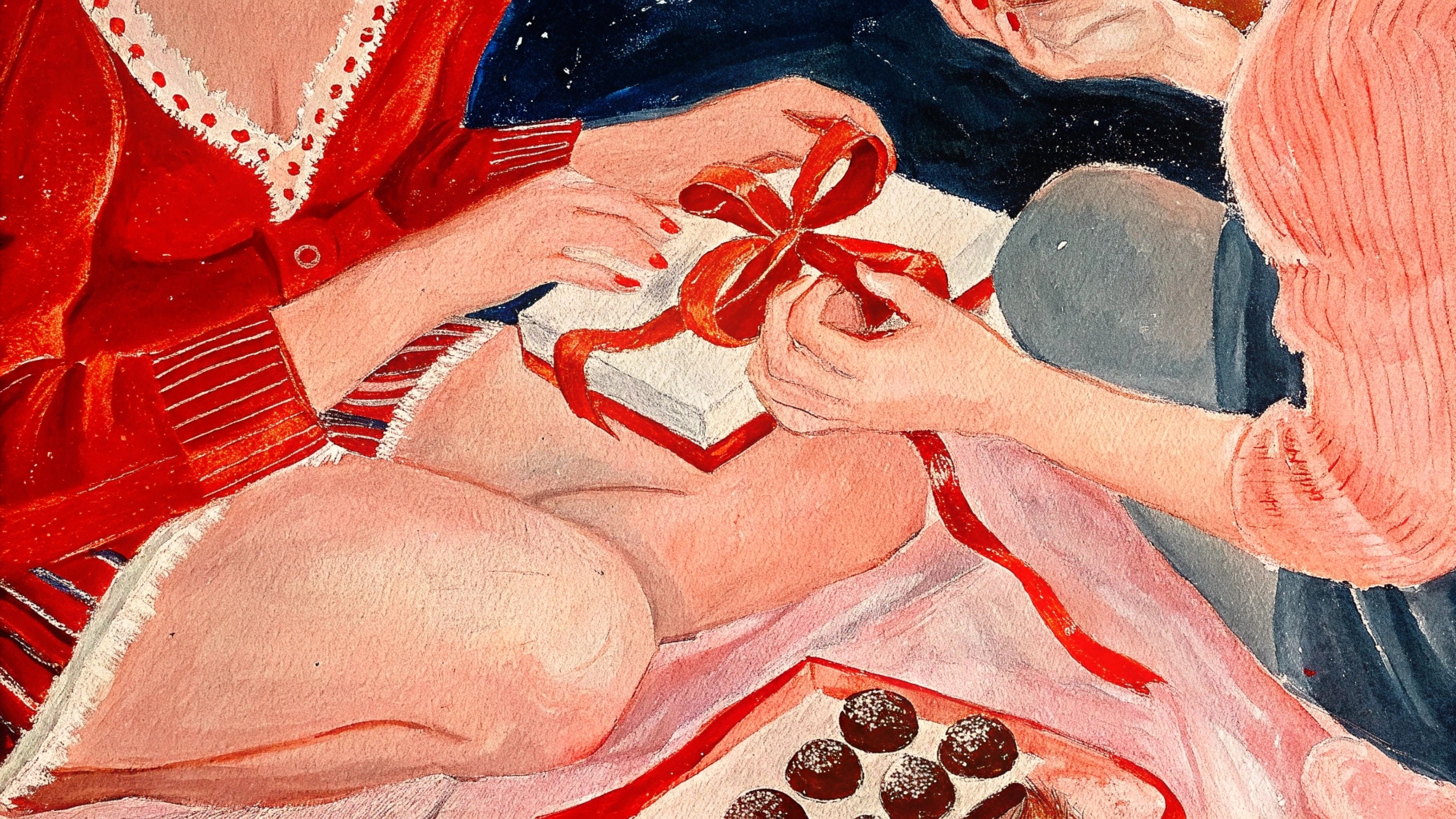 Gouache painting of hands passing a ribboned gift box of truffles